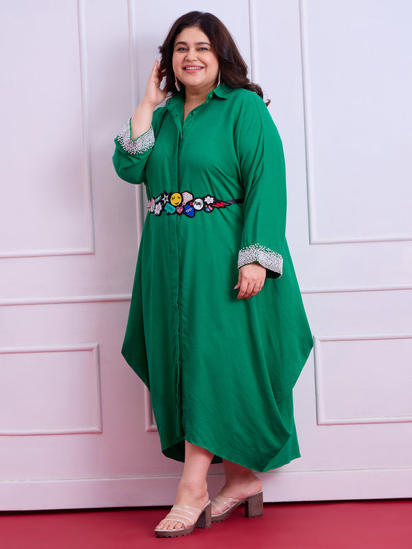 ANYA LINEN COWL DRESS - EMERALD GREEN
