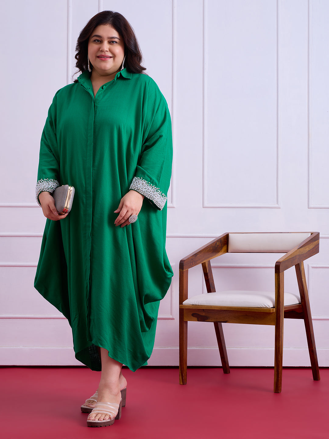 Anya Linen Cowl Dress - Emerald Green