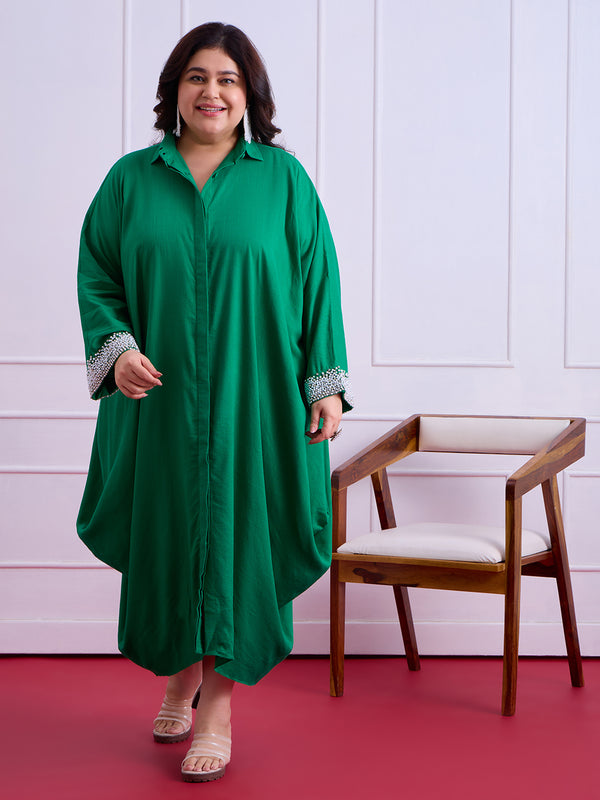 ANYA LINEN COWL DRESS - EMERALD GREEN