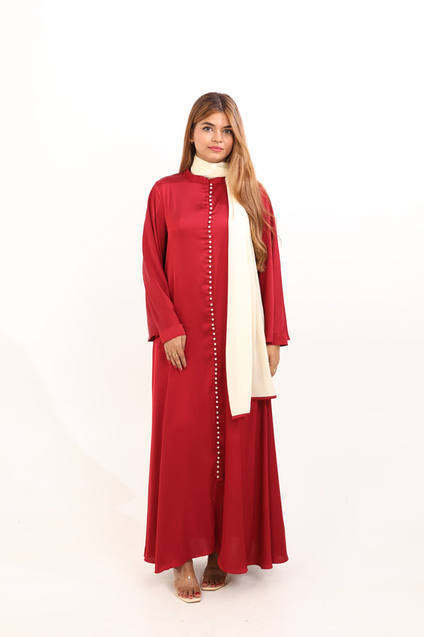 NORA PEARL BUTTON ABAYA - CRIMSON
