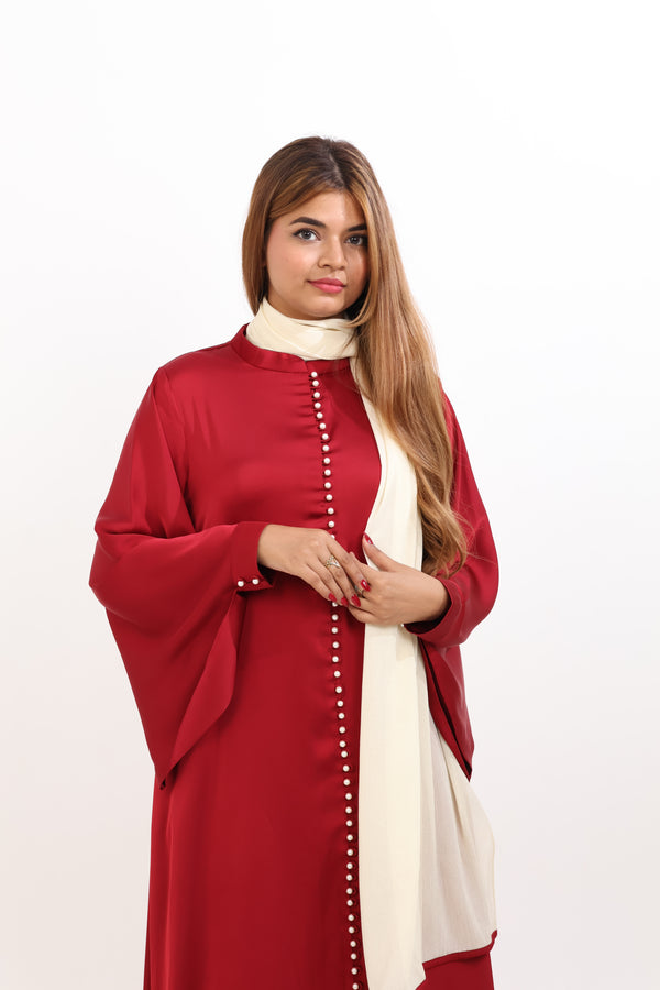 NORA PEARL BUTTON ABAYA - CRIMSON