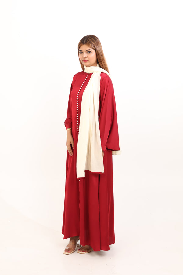 NORA PEARL BUTTON ABAYA - CRIMSON