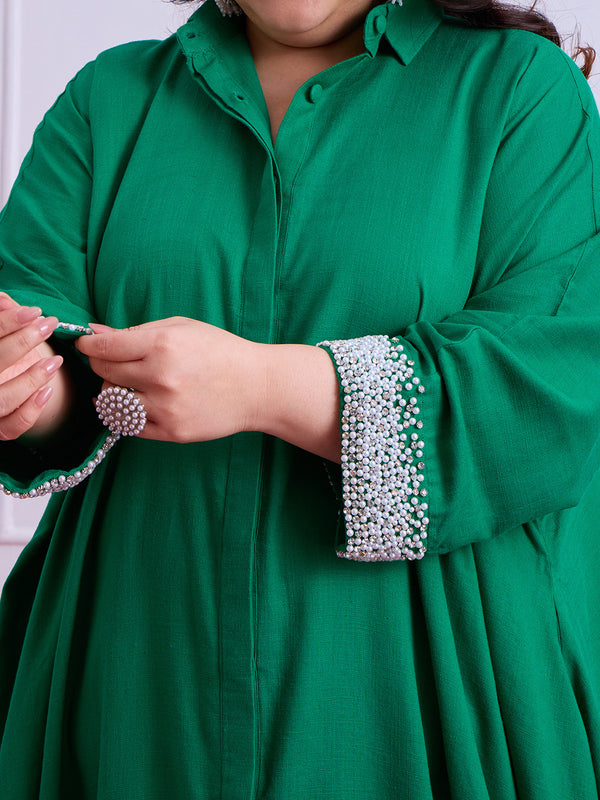 ANYA LINEN COWL DRESS - EMERALD GREEN