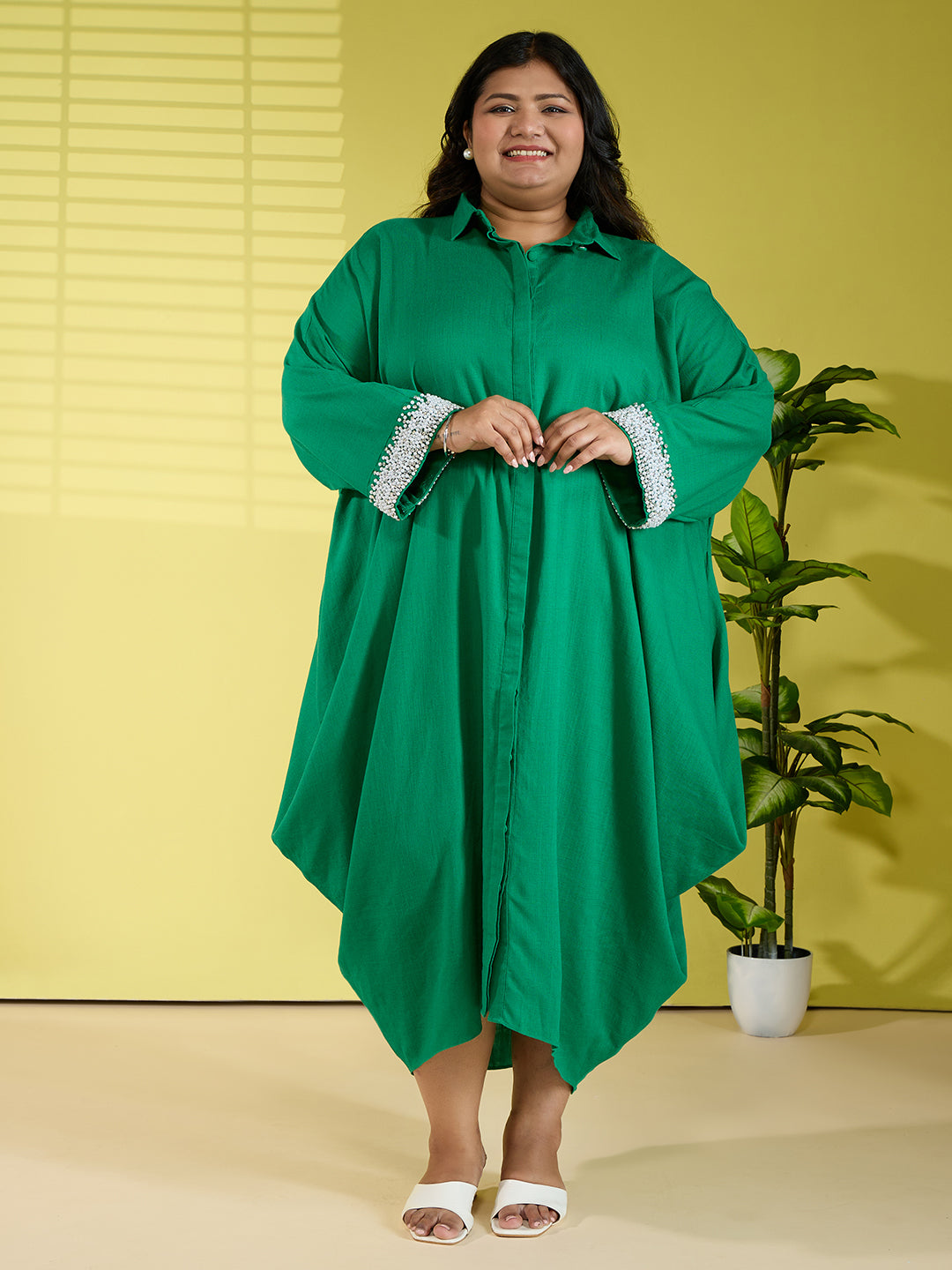 ANYA LINEN COWL DRESS - EMERALD GREEN