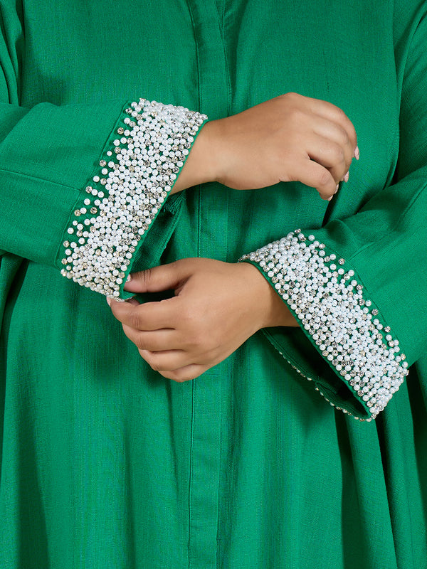 ANYA LINEN COWL DRESS - EMERALD GREEN
