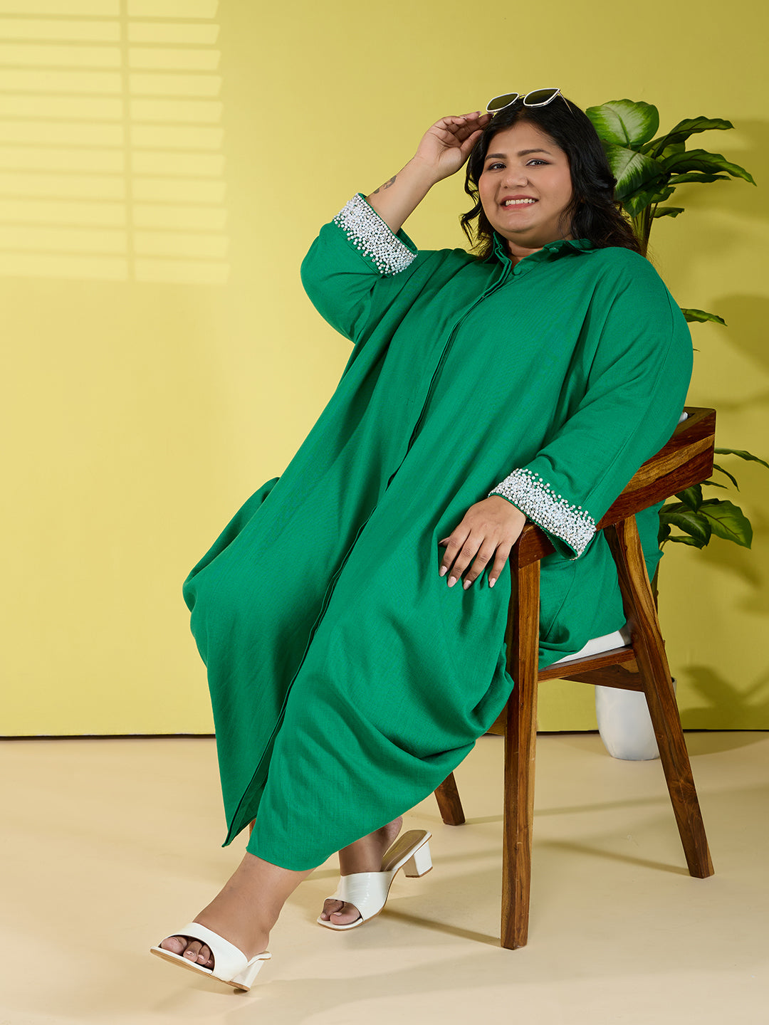 ANYA LINEN COWL DRESS - EMERALD GREEN